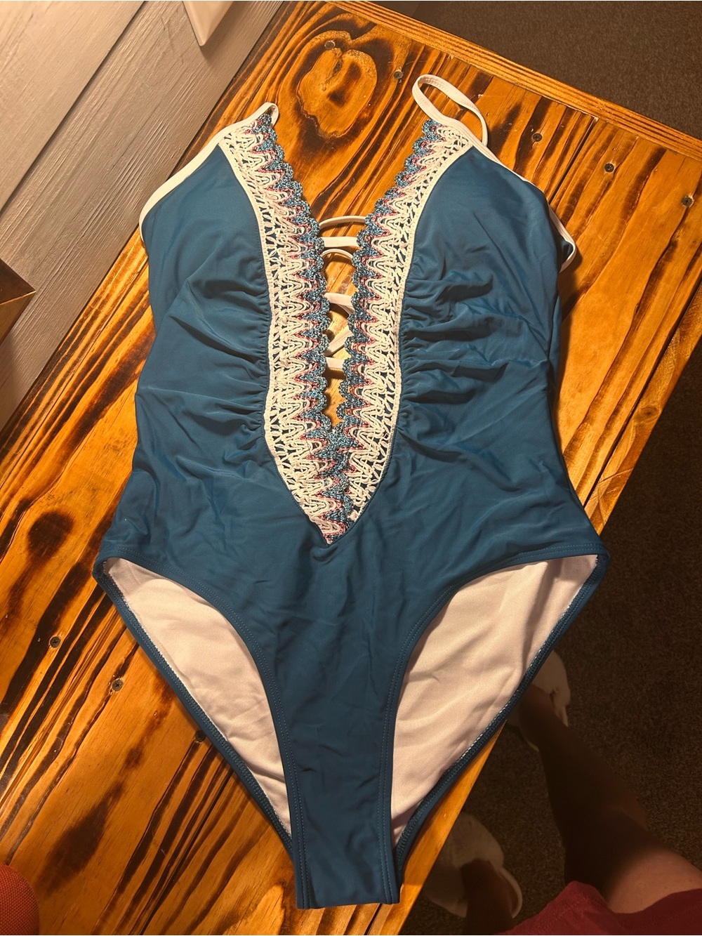 Teal One-Piece Swimsuit with Crochet Trim
